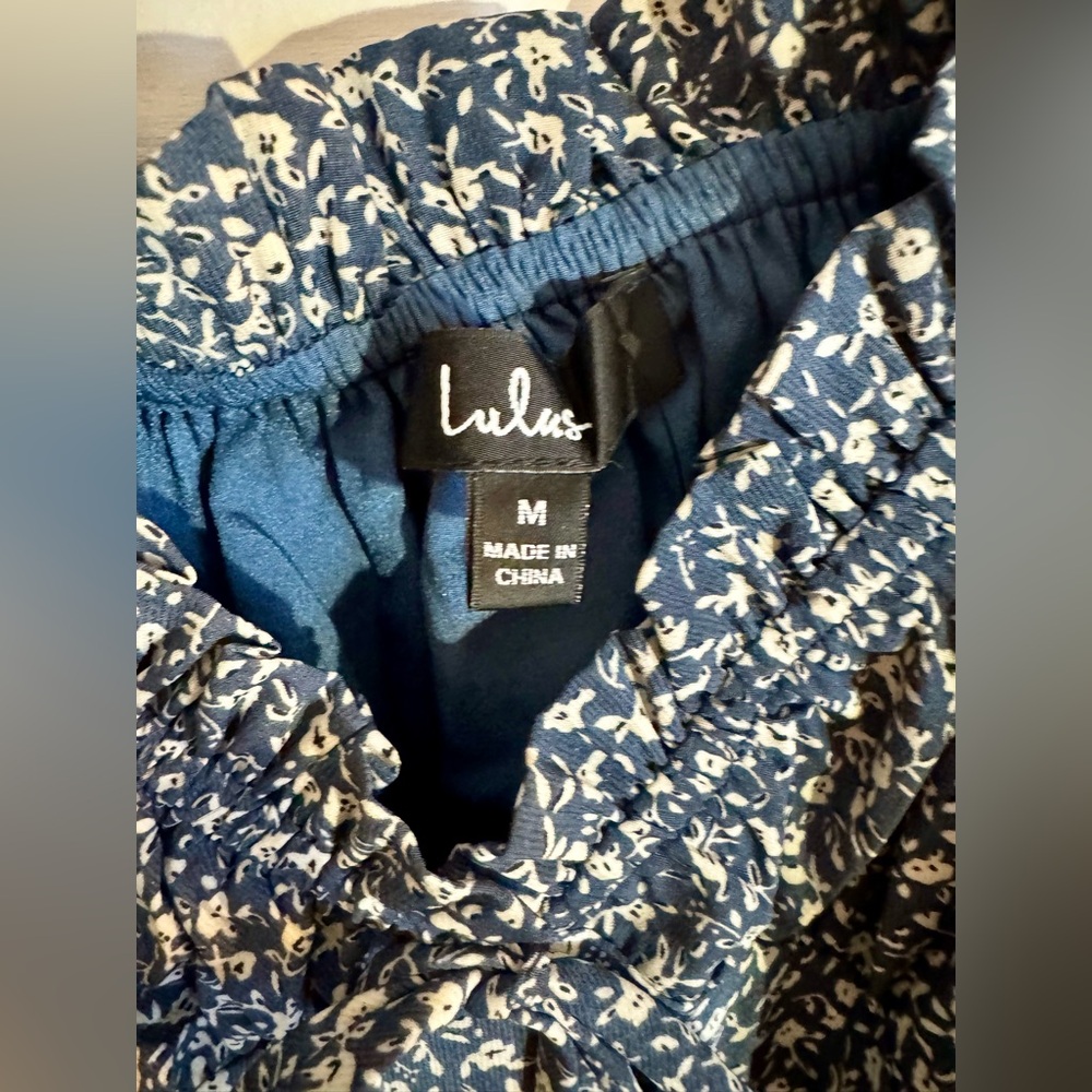 Lulus Reason To Be Mini Dress Ditsy Floral Dusty Blue Off Shoulder Short Sleeve - Picture 5 of 14